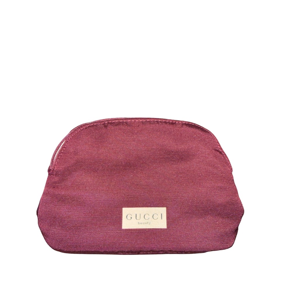 Gucci Beauty Burgundy Ribbed Fabric Makeup Bag Cosmetic Pouch Gold Logo Zip Top